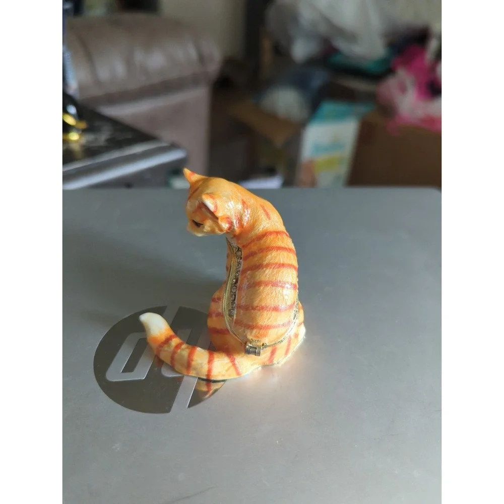 Orange Striped Cat Trinket Box Hinged Jeweled Collar Enameled  Heavy